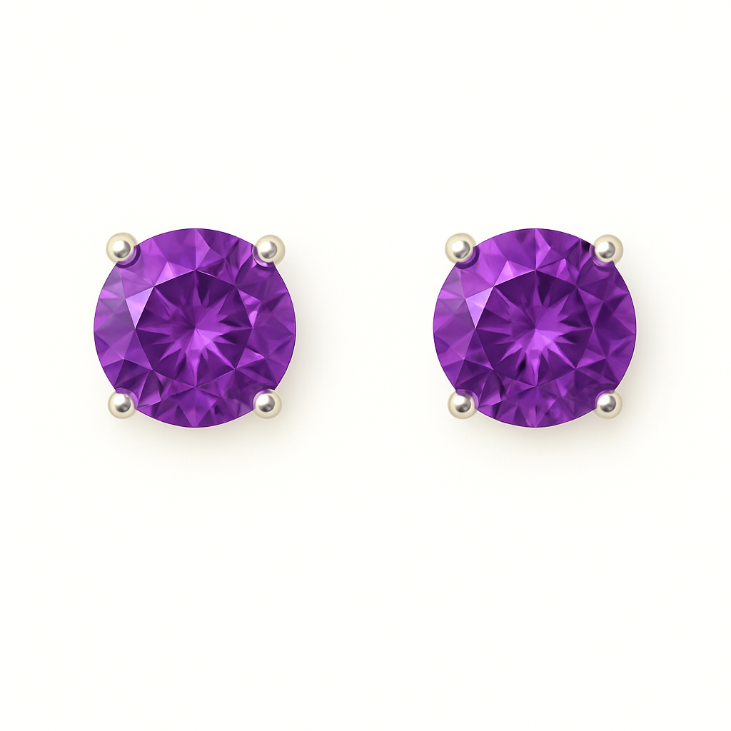 Radiant amethyst stud earrings in white gold-plated 925 silver with prong setting. Brilliant color and hypoallergenic, safe to wear. Available at BSI Jewelry.