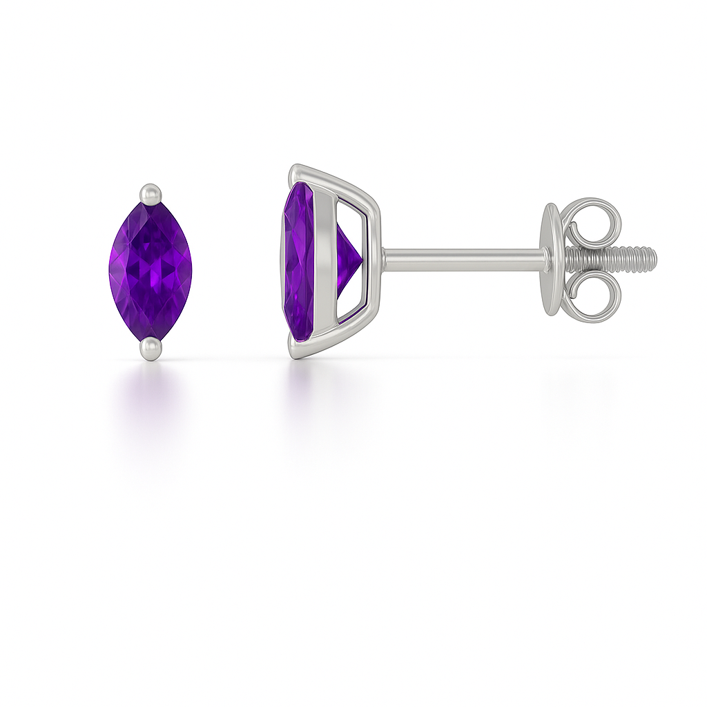 Amethyst stud earrings in 6×3 mm marquise cut, crafted in white gold-plated 925 silver. Hypoallergenic and elegant for daily wear. Available now at BSI Jewelry.