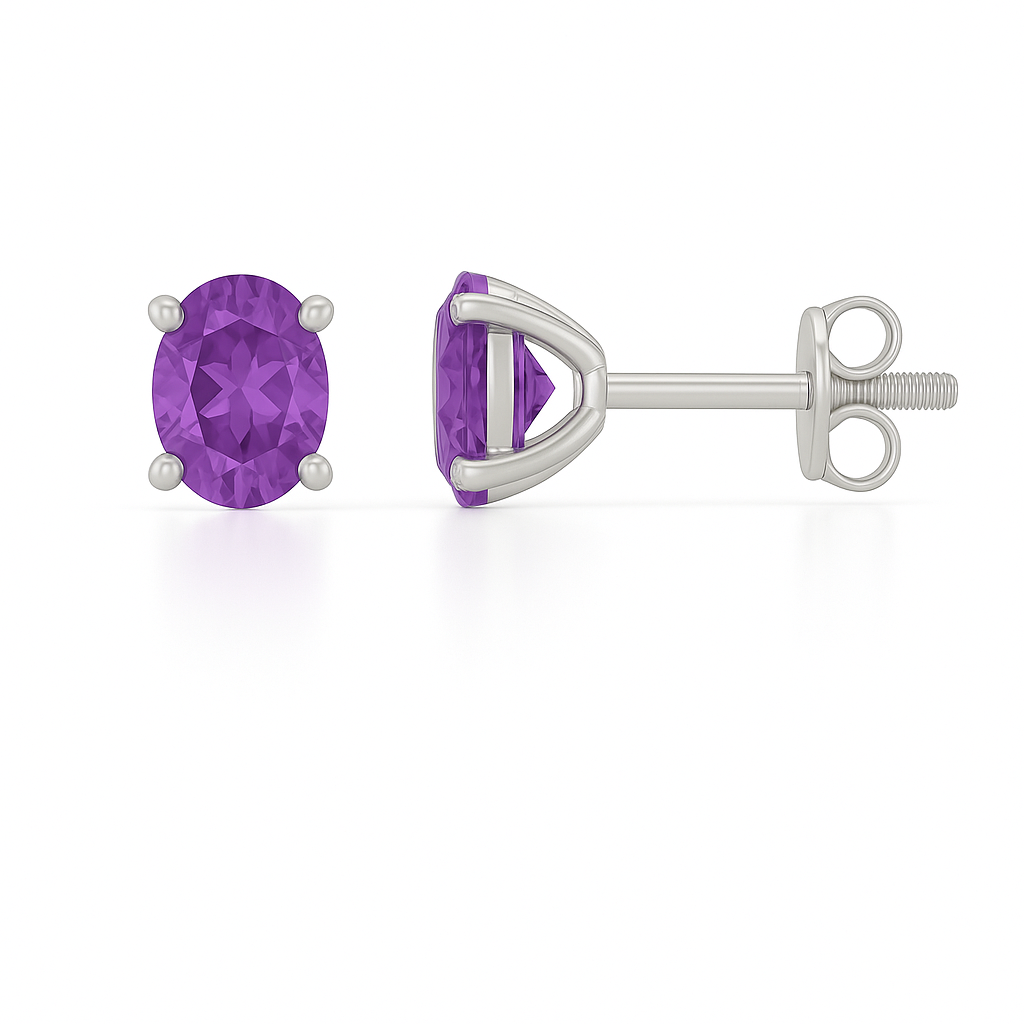 Amethyst stud earrings, 6×4 mm oval cut, in white gold-plated 925 silver with palladium alloy. Elegant and hypoallergenic. Available now at BSI Jewelry.