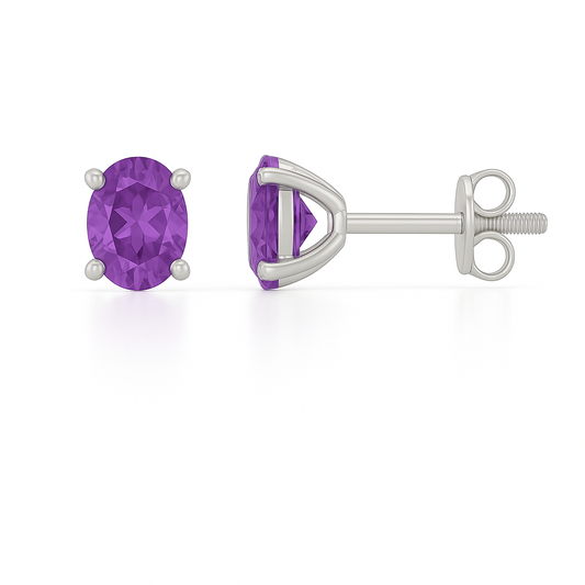 Amethyst stud earrings, 6×4 mm oval cut, in white gold-plated 925 silver with palladium alloy. Elegant and hypoallergenic. Available now at BSI Jewelry.