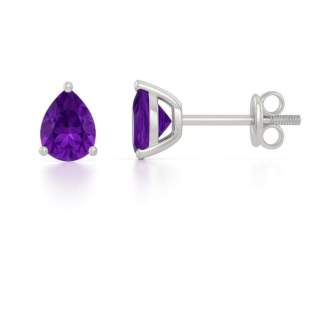 Amethyst stud earrings, 6×4 mm pear cut, in white gold-plated 925 silver with palladium alloy. Elegant and hypoallergenic. Available now at BSI Jewelry.