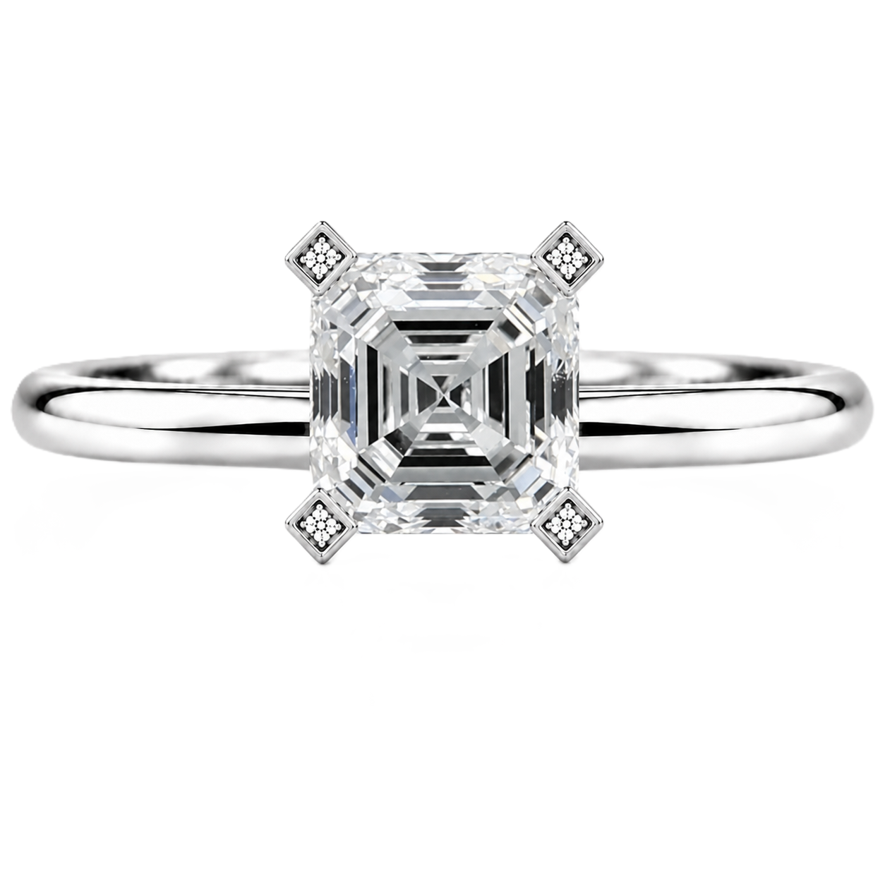 Timeless asscher moissanite ring with a 6 mm asscher-cut center stone, crafted in white gold plated 925 silver. Available now at BSI Jewelry.