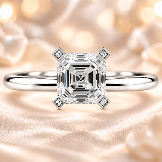 Timeless asscher moissanite ring with a 6 mm asscher-cut center stone, crafted in white gold plated 925 silver. Available now at BSI Jewelry.