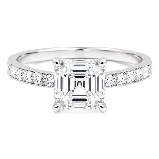 Asscher moissanite engagement ring featuring a 6 mm center stone and pavé band in white gold-plated 925 silver. Vintage elegance by BSI Jewelry.