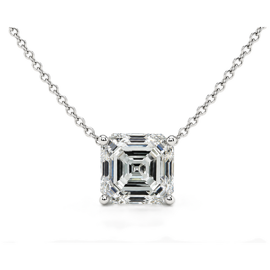 Asscher moissanite necklace, 10 mm Asscher, crafted in white gold-plated 925 silver. Hypoallergenic and elegant for daily wear. Available now at BSI Jewelry.