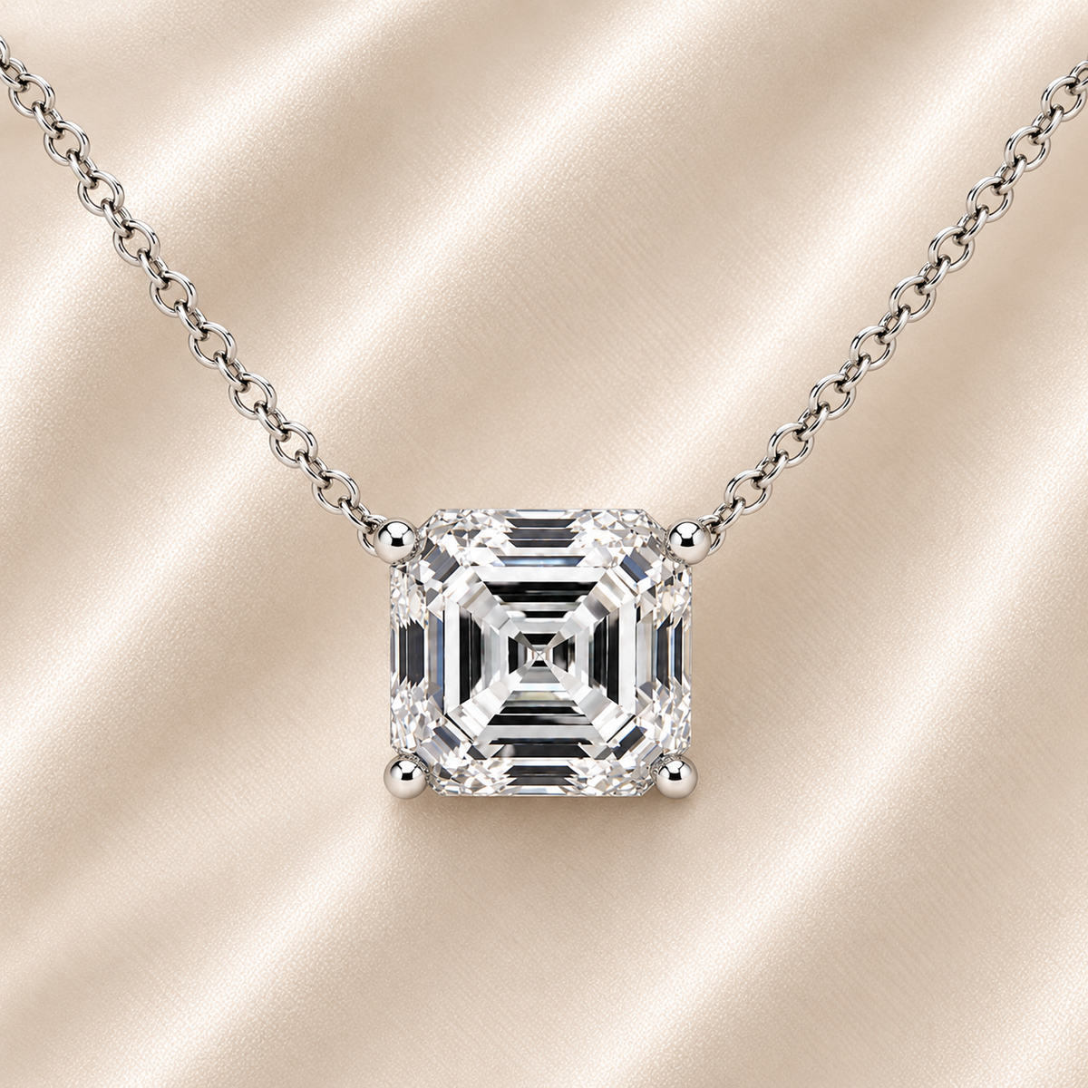 Asscher moissanite necklace, 10 mm Asscher, crafted in white gold-plated 925 silver. Hypoallergenic and elegant for daily wear. Available now at BSI Jewelry.