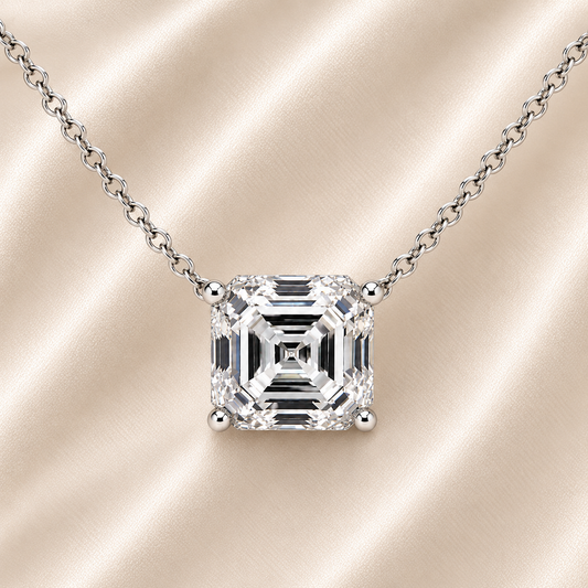 Asscher moissanite necklace, 10 mm Asscher, crafted in white gold-plated 925 silver. Hypoallergenic and elegant for daily wear. Available now at BSI Jewelry.