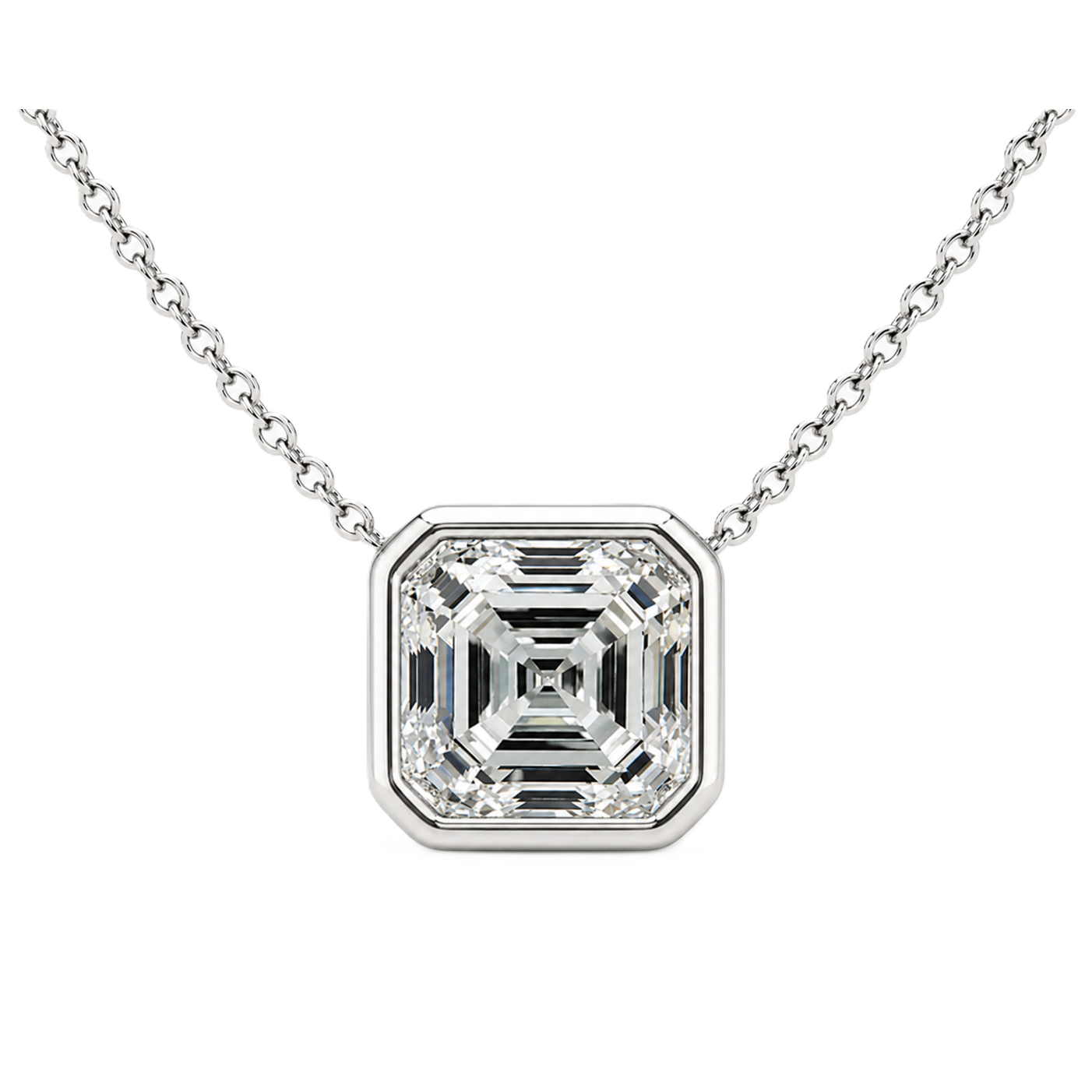 Asscher moissanite necklace, 10 mm asscher, set in white gold-plated 925 silver. Step-cut brilliance, hypoallergenic elegance. Available now at BSI Jewelry.