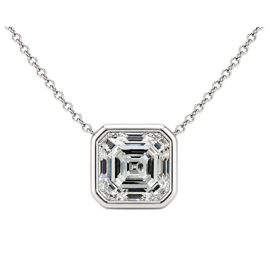 Asscher moissanite necklace, 10 mm asscher, set in white gold-plated 925 silver. Step-cut brilliance, hypoallergenic elegance. Available now at BSI Jewelry.