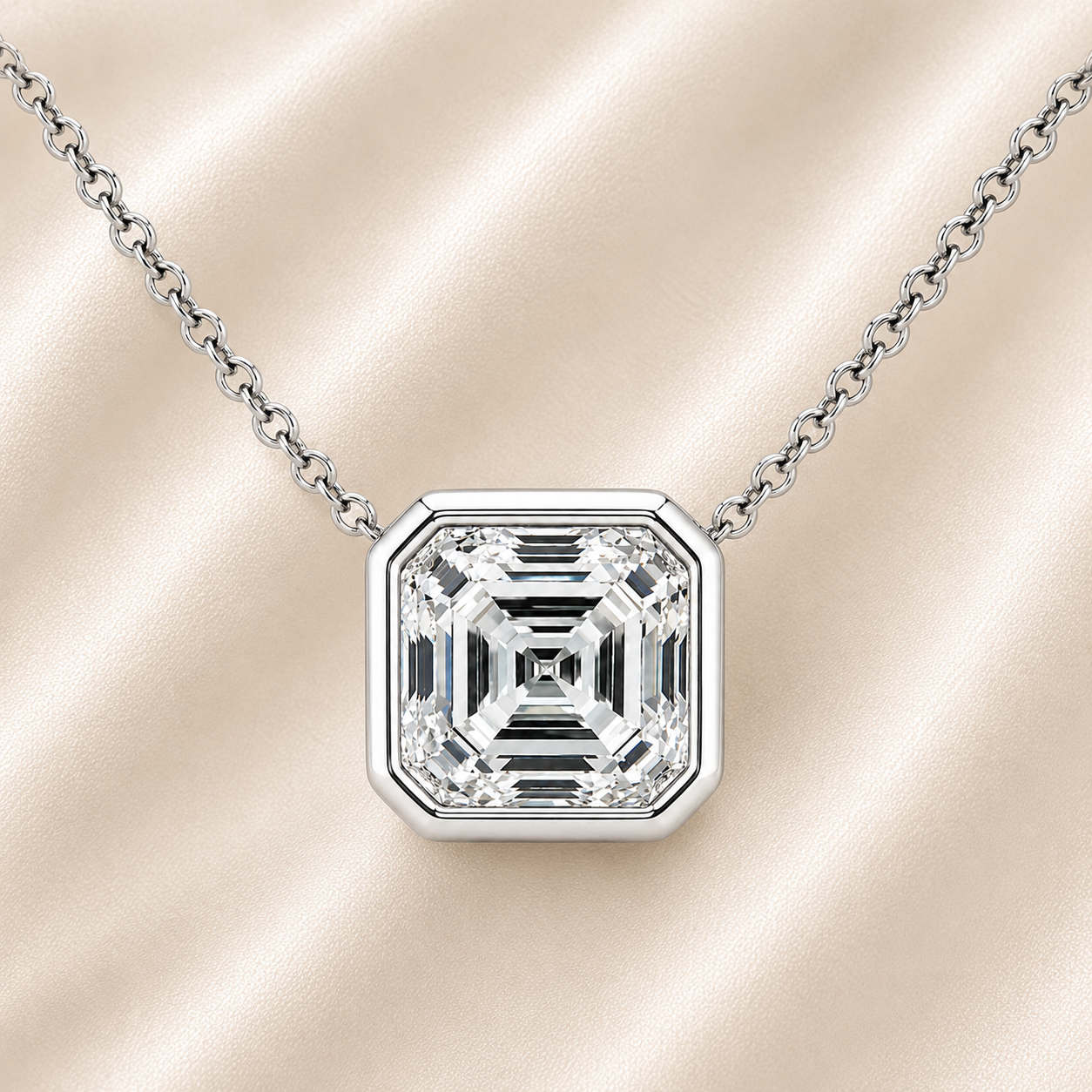 Asscher moissanite necklace, 10 mm asscher, set in white gold-plated 925 silver. Step-cut brilliance, hypoallergenic elegance. Available now at BSI Jewelry.