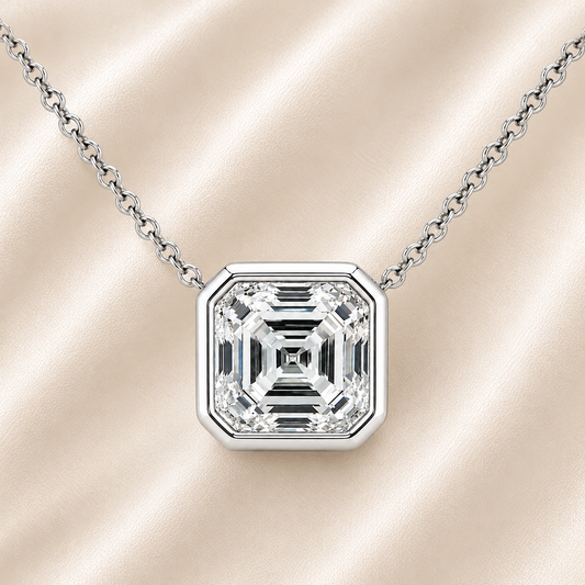 Asscher moissanite necklace, 10 mm asscher, set in white gold-plated 925 silver. Step-cut brilliance, hypoallergenic elegance. Available now at BSI Jewelry.