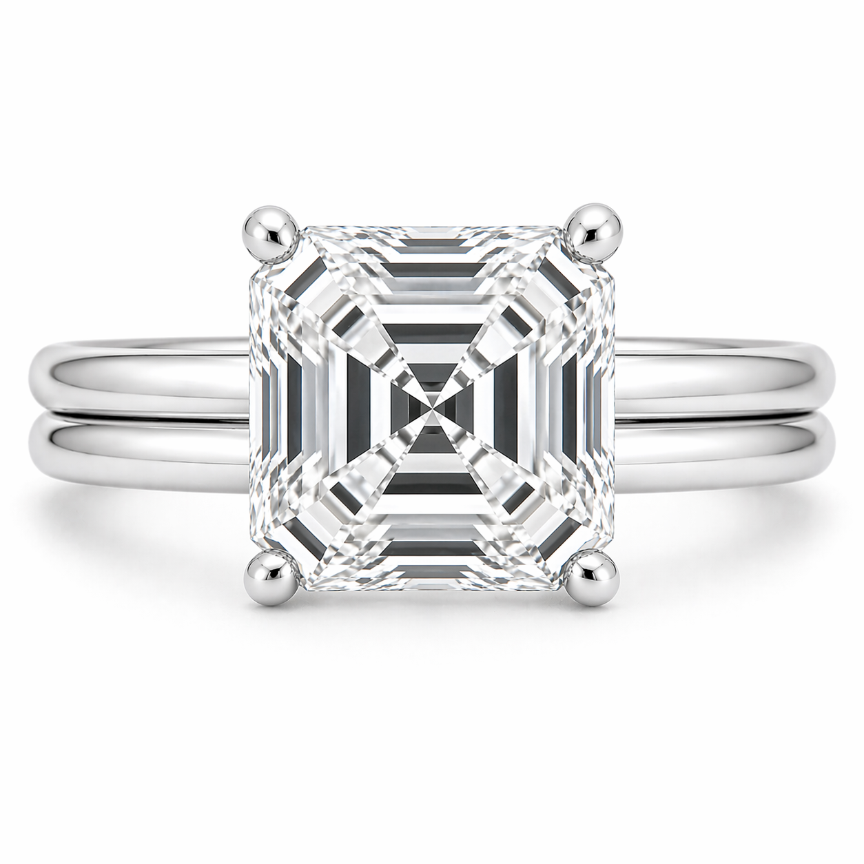 Asscher cut moissanite ring, 10 mm, set in white gold plated 925 silver. Elegant step-cut depth with timeless design. Available now at BSI Jewelry.