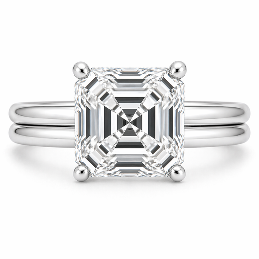 Asscher cut moissanite ring, 10 mm, set in white gold plated 925 silver. Elegant step-cut depth with timeless design. Available now at BSI Jewelry.