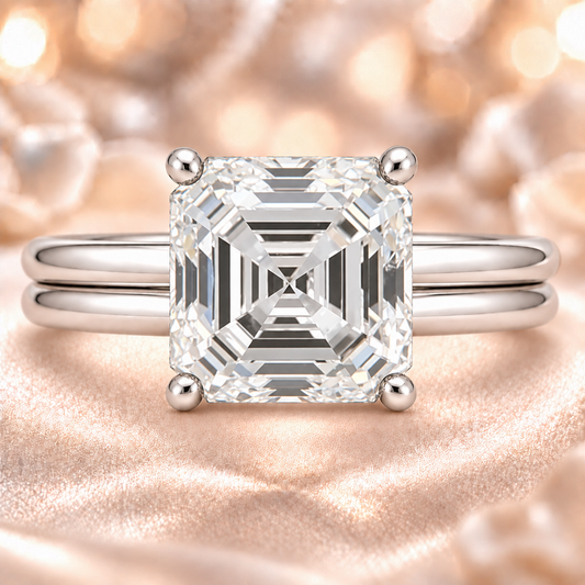 Asscher cut moissanite ring, 10 mm, set in white gold plated 925 silver. Elegant step-cut depth with timeless design. Available now at BSI Jewelry.