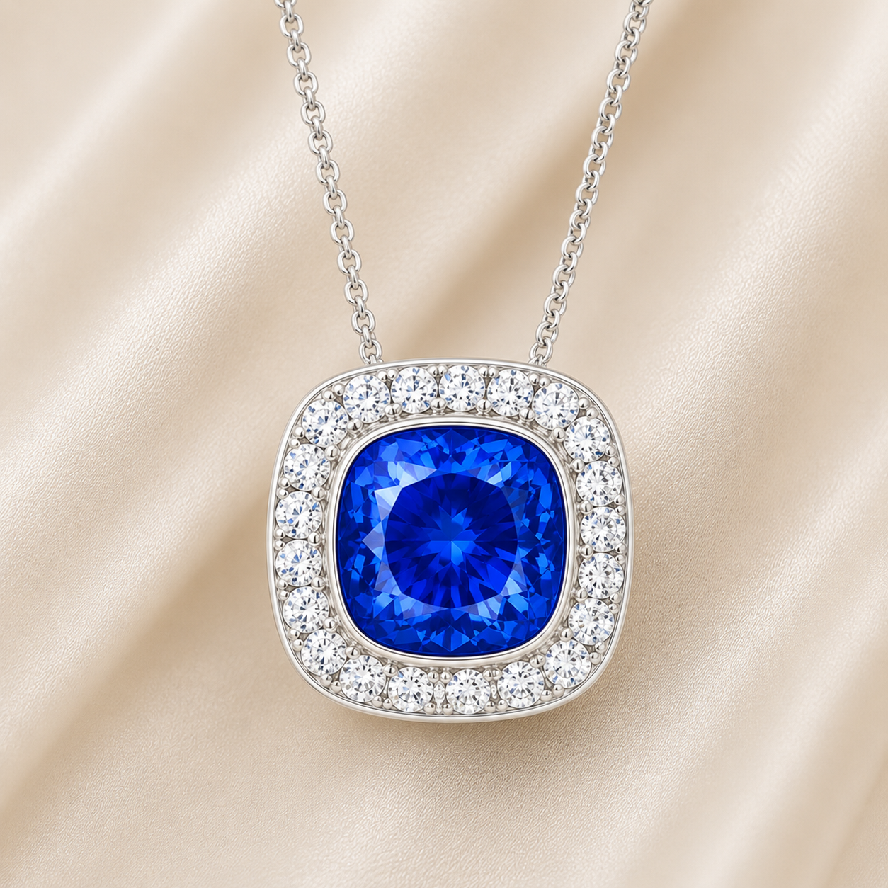 Blue sapphire cushion pendant with 6 mm center stone in white gold-plated 925 silver, accented with moissanite. Elegant and timeless. Available now at BSI Jewelry.