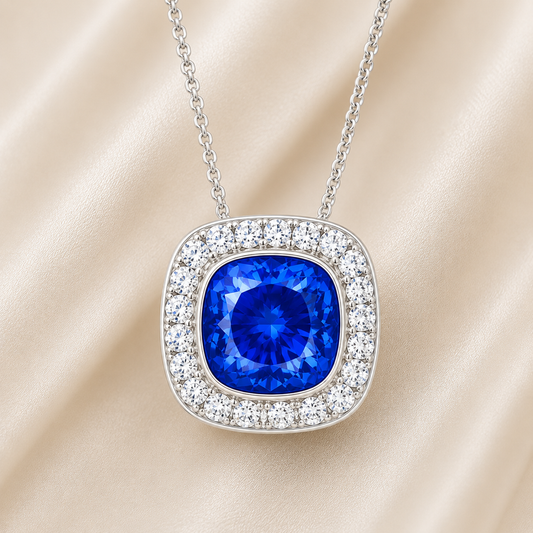 Blue sapphire cushion pendant with 6 mm center stone in white gold-plated 925 silver, accented with moissanite. Elegant and timeless. Available now at BSI Jewelry.