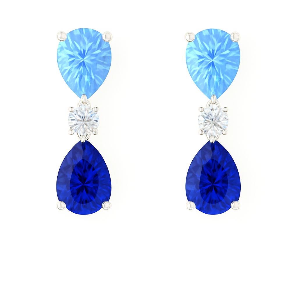 Elegant blue sapphire drop stud earrings with 6×4 mm pear-cut stones, crafted in white gold-plated 925 silver with palladium-added alloy. Now at BSI Jewelry.