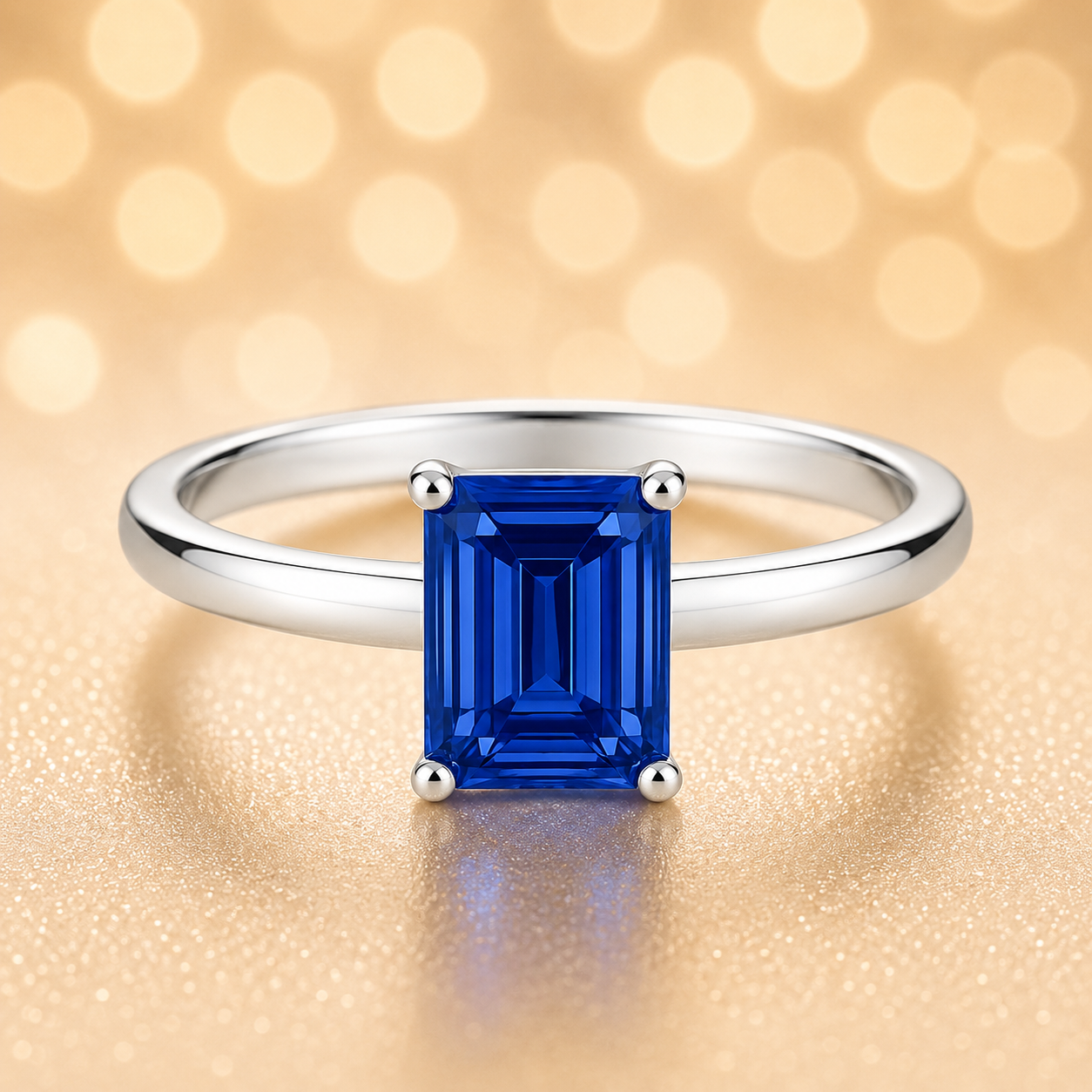 7×5 mm emerald-cut blue sapphire solitaire ring set in white-gold-plated 925 silver. Radiant color, refined simplicity, and timeless elegance. Now at BSI Jewelry.