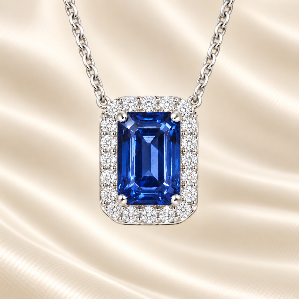 Blue sapphire emerald cut necklace with 7×5 mm center stone in white gold-plated 925 silver. Timeless and elegant for everyday wear. Available now at BSI Jewelry.