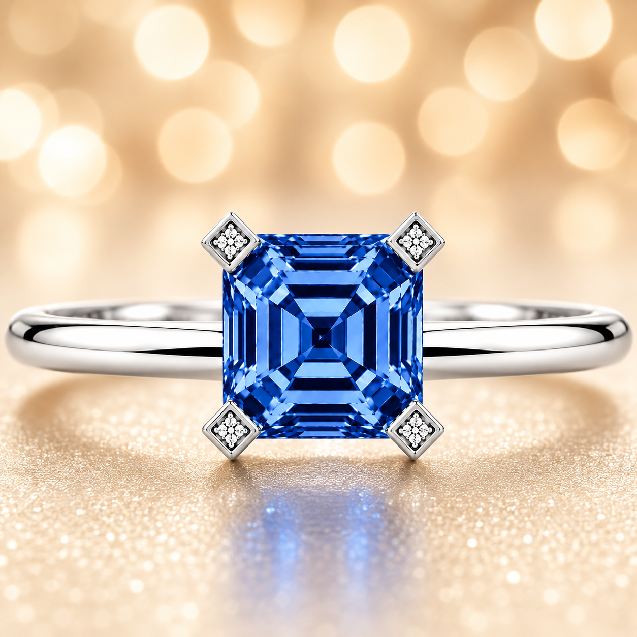 Royal blue sapphire engagement ring with a 6 mm asscher-cut center stone, crafted in white gold plated 925 silver. Available now at BSI Jewelry.