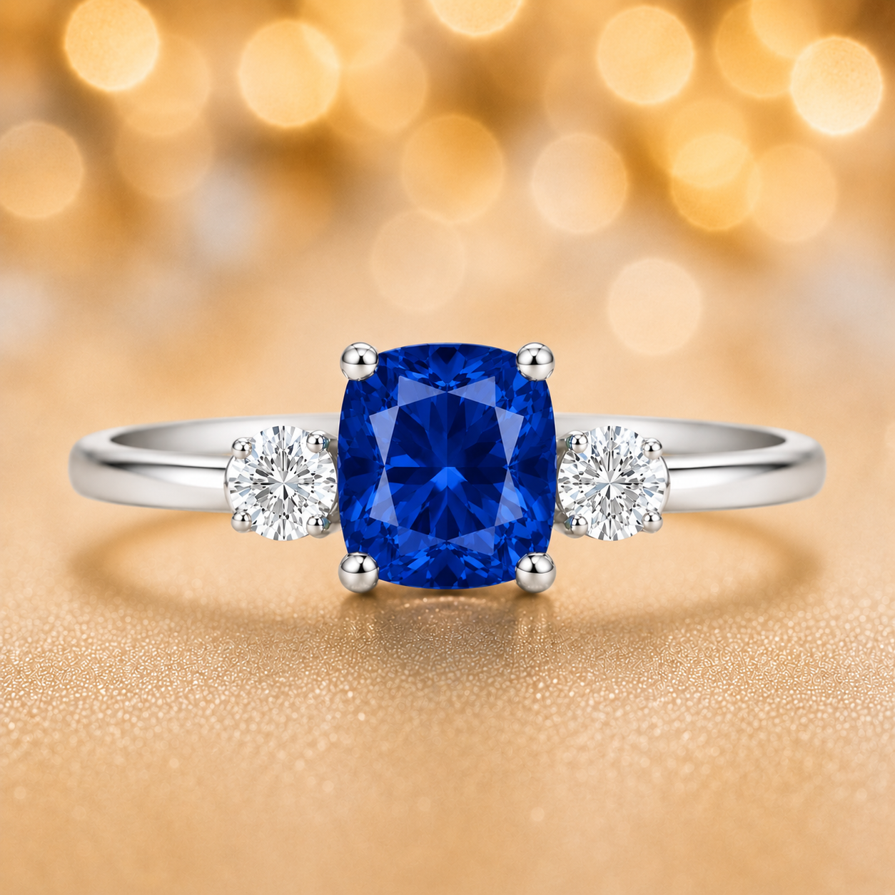 Blue sapphire engagement ring with 6 mm cushion center and 3 mm round side stones, crafted in white gold-plated 925 silver. Available now at BSI Jewelry.