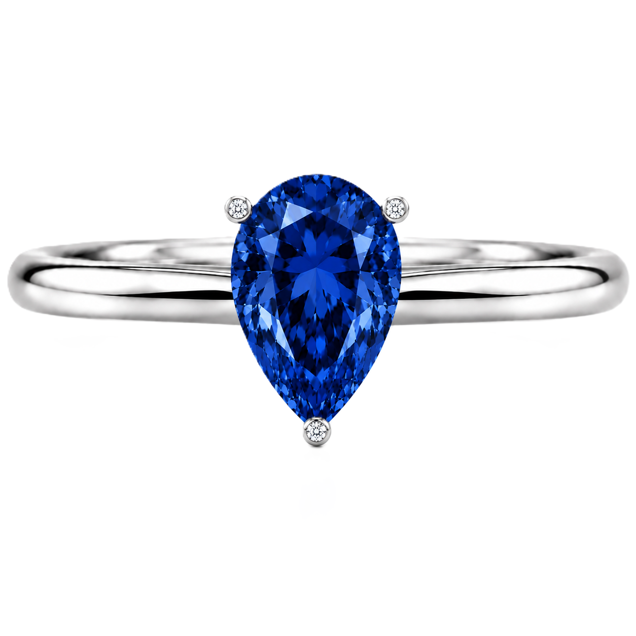 Royal blue sapphire engagement ring with a 6×4 mm pear-cut center stone, crafted in white gold plated 925 silver. Available now at BSI Jewelry.