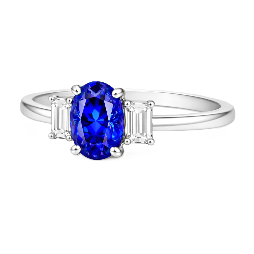 Blue sapphire engagement ring with 6×4 mm oval center and elegant three-stone design, crafted in white gold-plated 925 silver. Available now at BSI Jewelry.