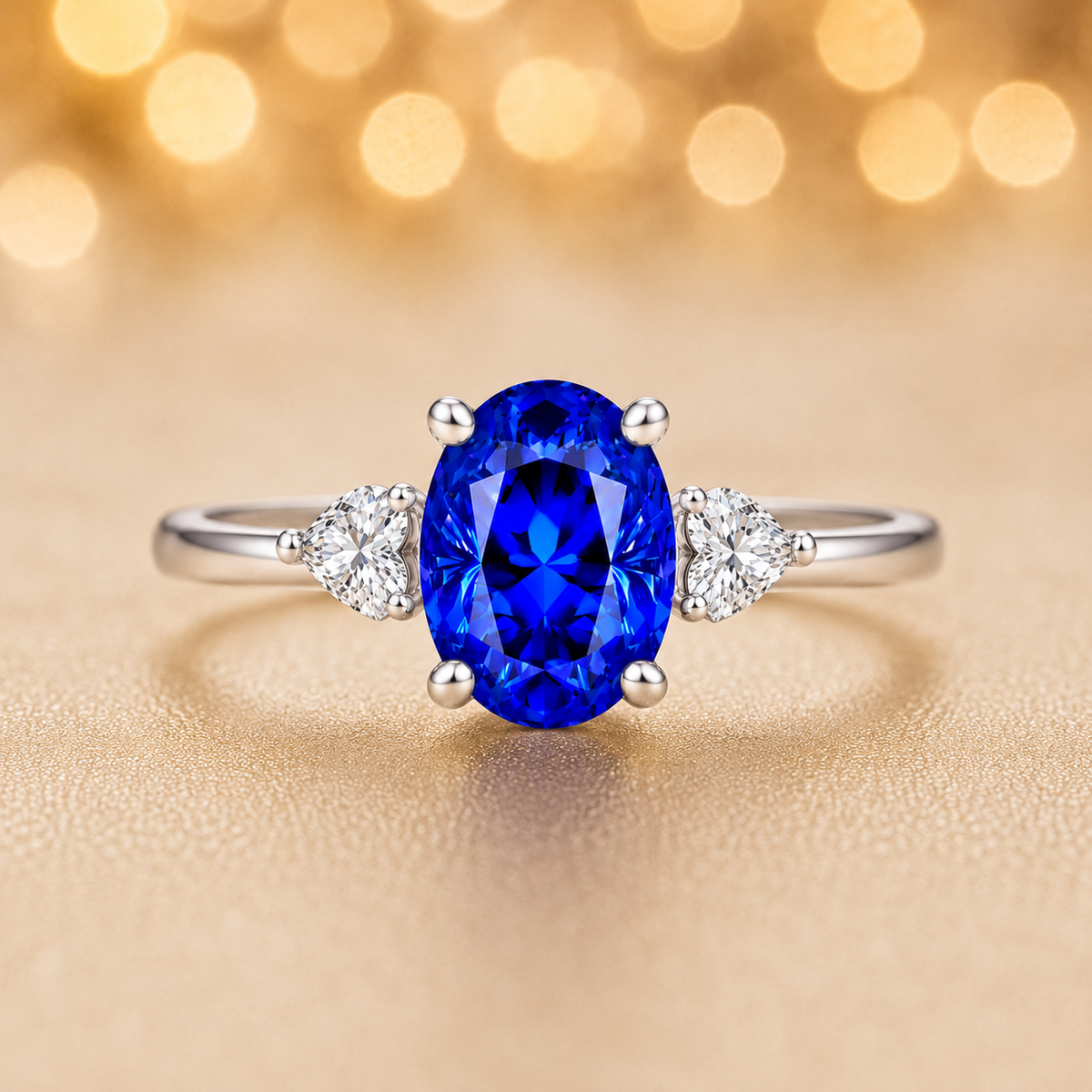 Blue sapphire engagement ring with 6×4 mm oval center and elegant three-stone design, crafted in white gold-plated 925 silver. Available now at BSI Jewelry.