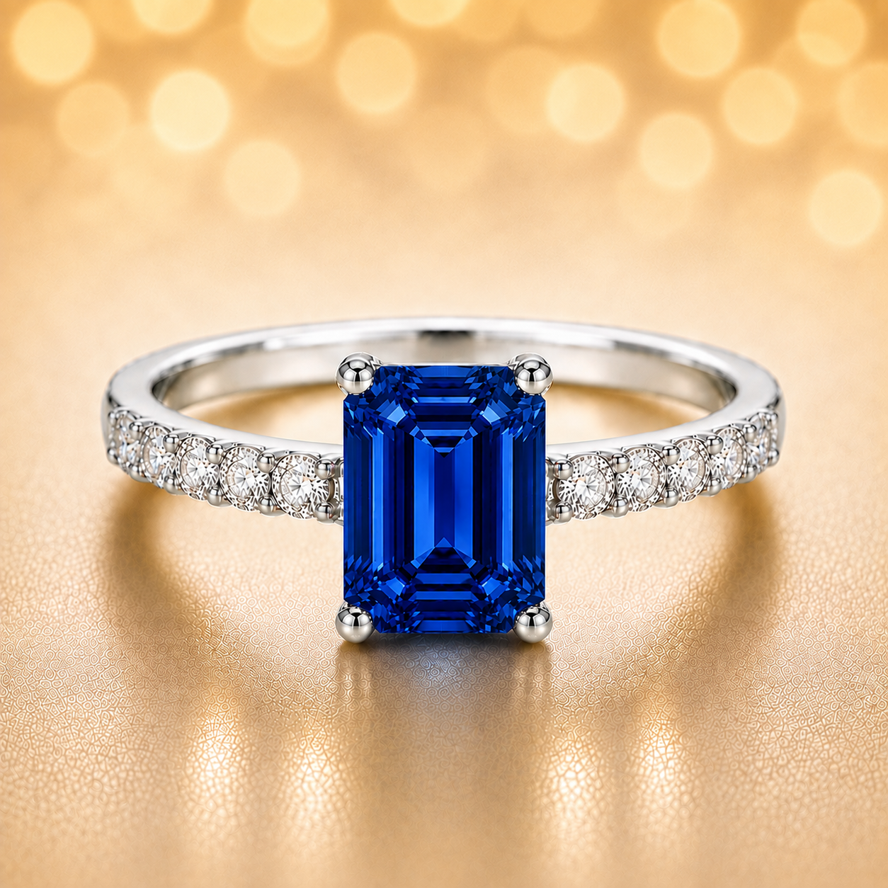 7×5mm emerald-cut Blue Sapphire ring with Moissanite accents in white-gold-plated 925 silver. Elegant, radiant, and hypoallergenic. Available at BSI Jewelry.