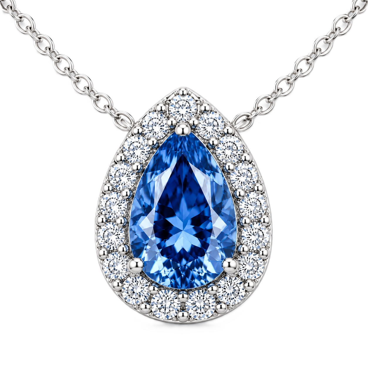 Blue Sapphire Halo Necklace with pear-cut sapphire and brilliant moissanite halo in white gold plated 925 silver.