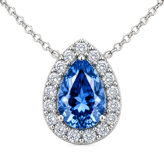 Blue Sapphire Halo Necklace with pear-cut sapphire and brilliant moissanite halo in white gold plated 925 silver.