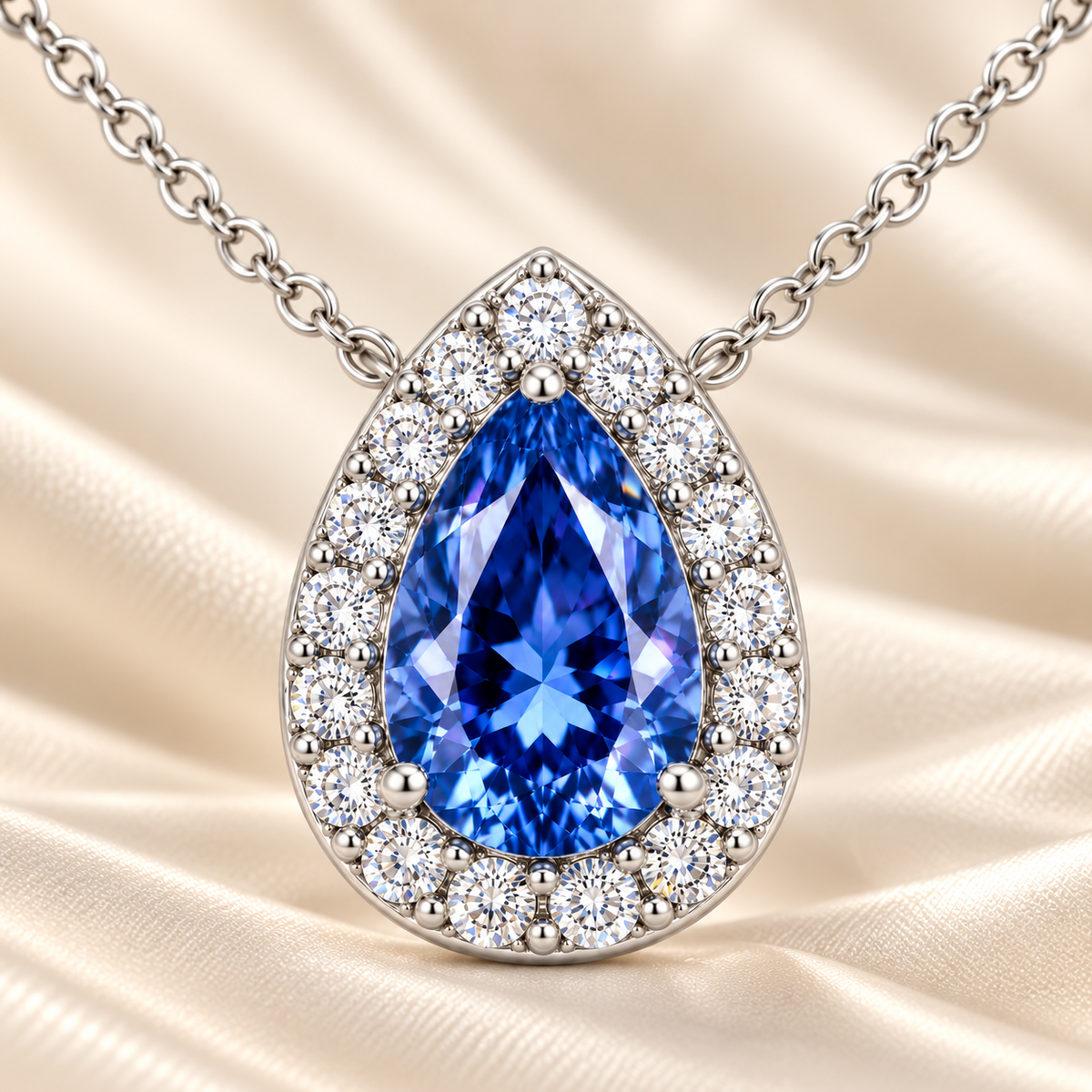Blue Sapphire Halo Necklace with pear-cut sapphire and brilliant moissanite halo in white gold plated 925 silver.