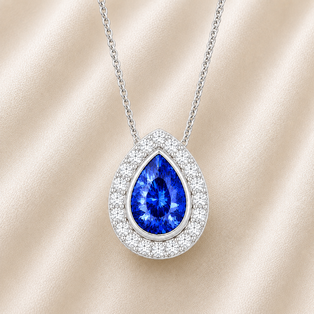 Blue sapphire halo pendant with 7×5 mm pear cut in white gold-plated 925 silver, accented with moissanite. Elegant and refined. Available now at BSI Jewelry.