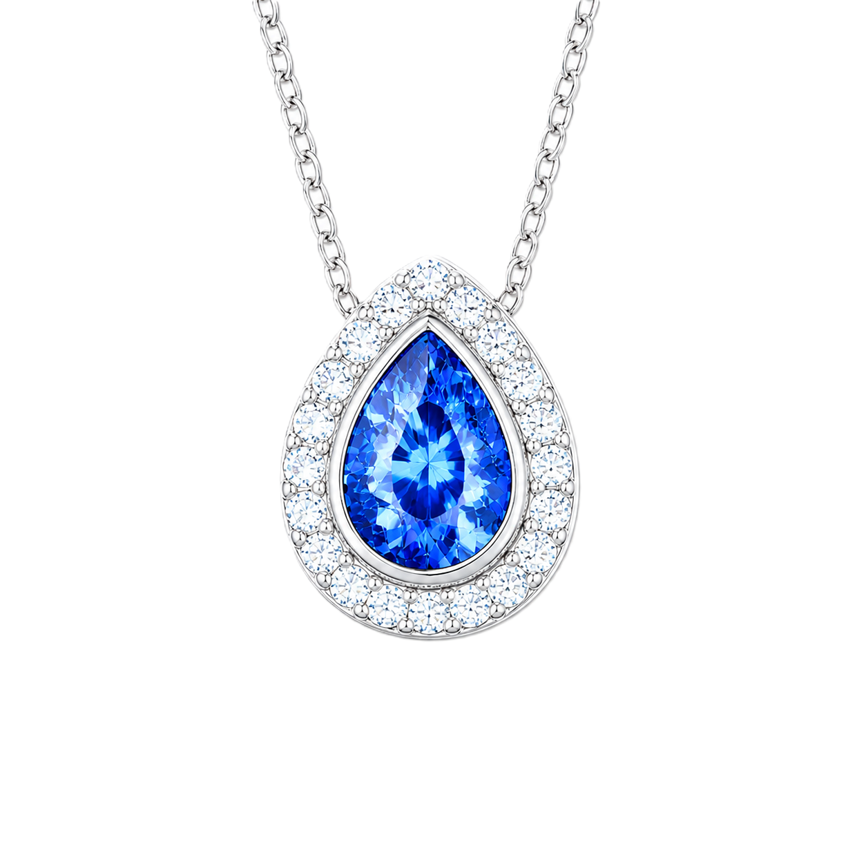 Blue sapphire halo pendant with 7×5 mm pear cut in white gold-plated 925 silver, accented with moissanite. Elegant and refined. Available now at BSI Jewelry.
