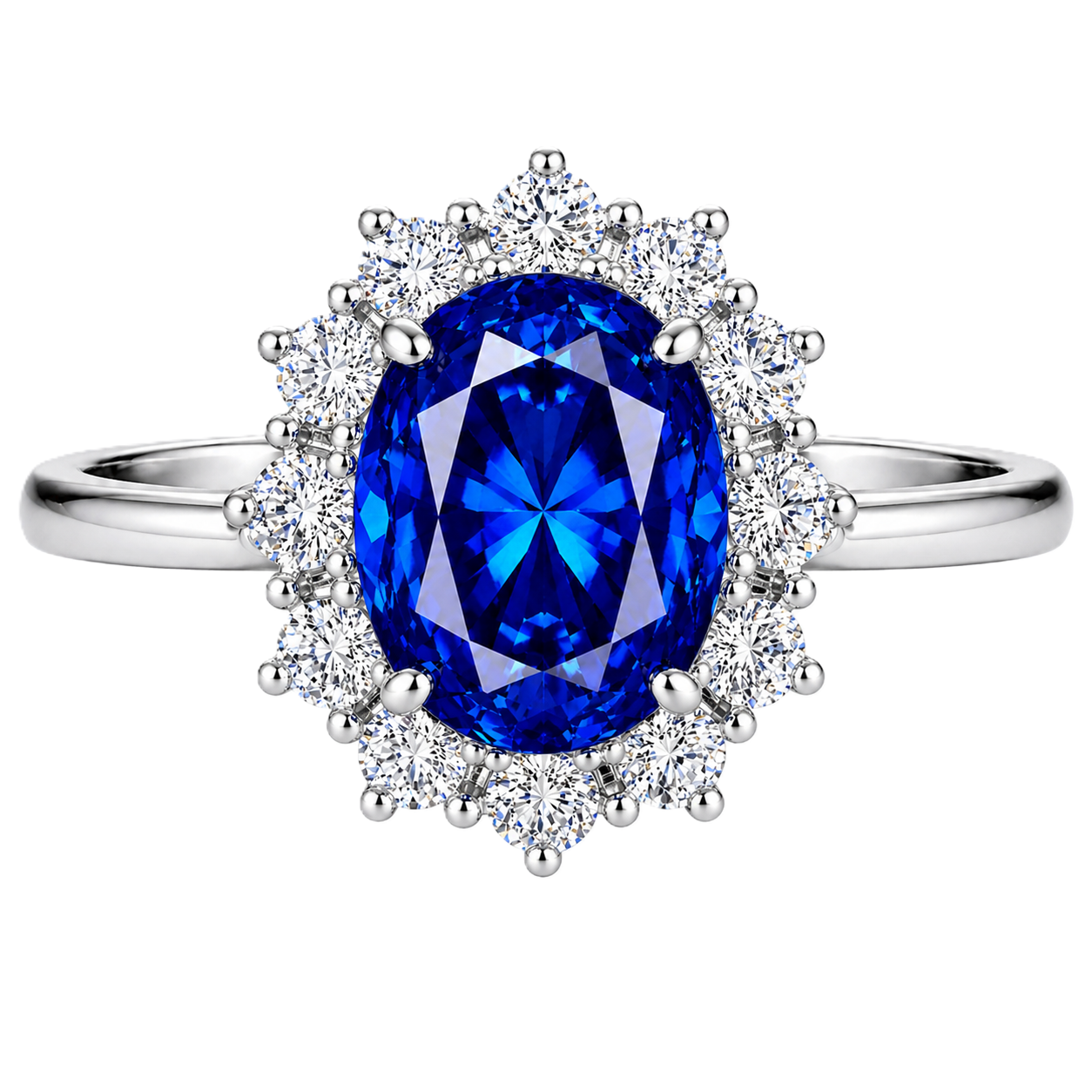 Blue sapphire halo ring, 8×6 mm oval, crafted in white gold-plated 925 silver. Hypoallergenic and elegant for daily wear. Available now at BSI Jewelry.