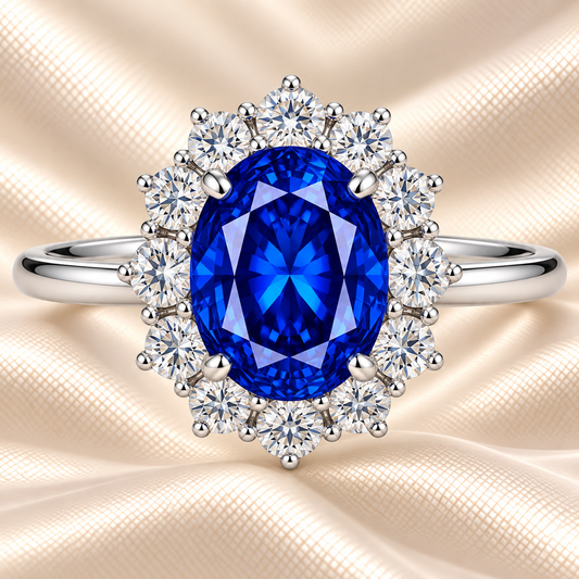 Blue sapphire halo ring, 8×6 mm oval, crafted in white gold-plated 925 silver. Hypoallergenic and elegant for daily wear. Available now at BSI Jewelry.