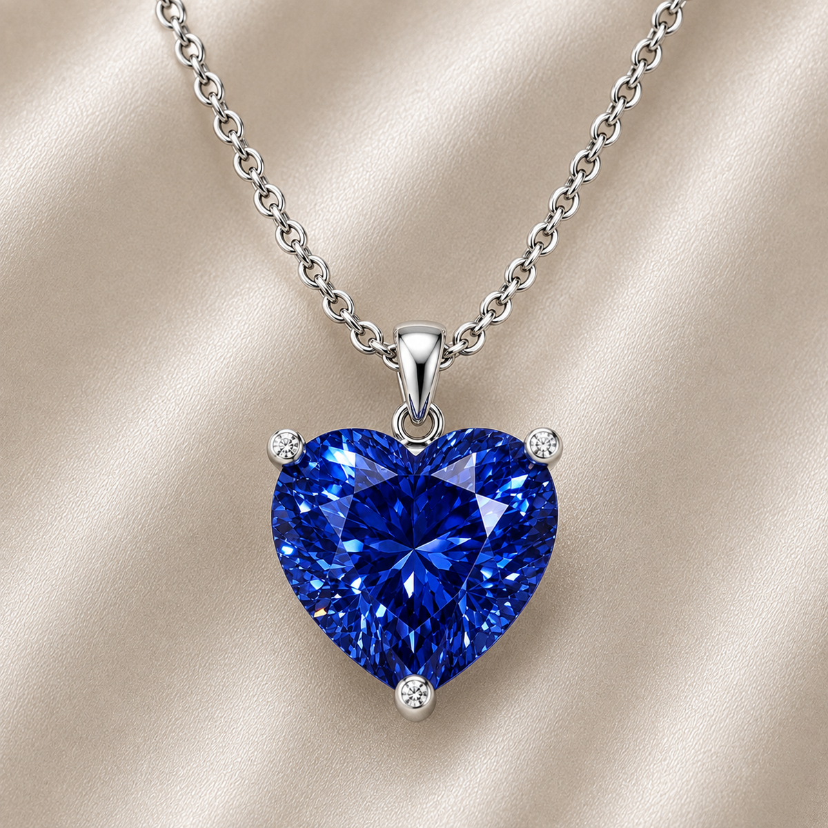Blue sapphire heart necklace featuring a classic 6 mm heart gemstone in white gold-plated 925 silver. Timeless, elegant, and available now at BSI Jewelry.