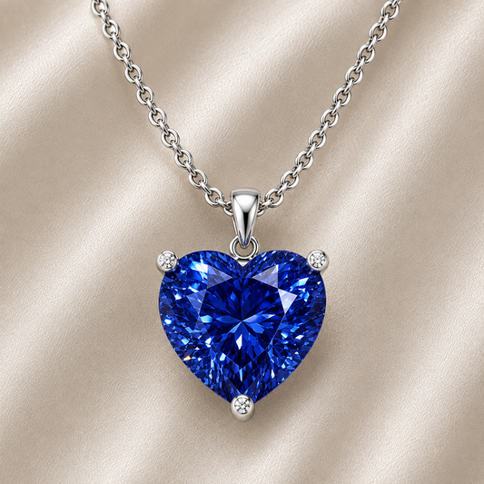 Blue sapphire heart necklace featuring a classic 6 mm heart gemstone in white gold-plated 925 silver. Timeless, elegant, and available now at BSI Jewelry.