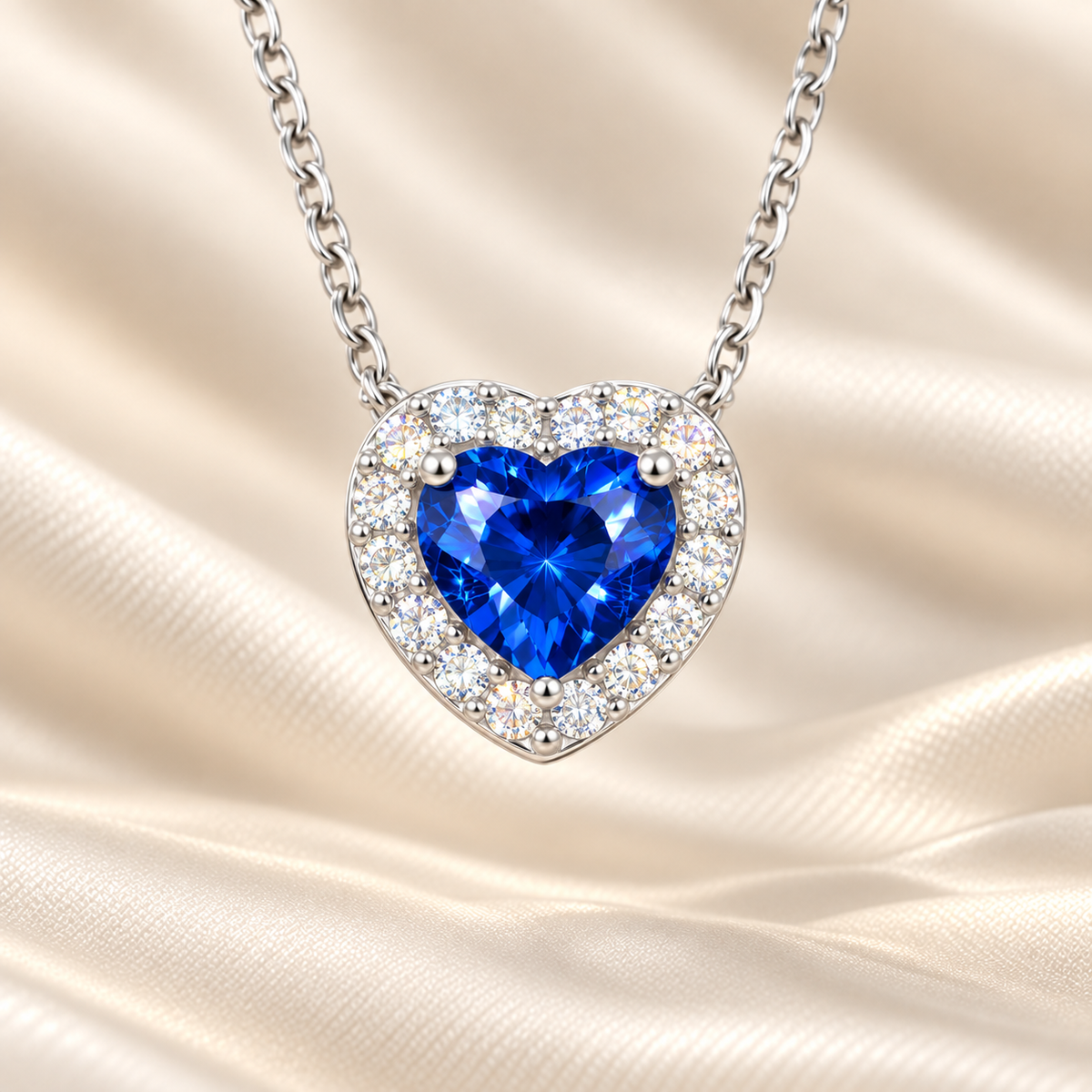 Blue sapphire heart necklace with 6 mm center stone in white gold-plated 925 silver. Elegant and timeless for daily wear. Available now at BSI Jewelry.