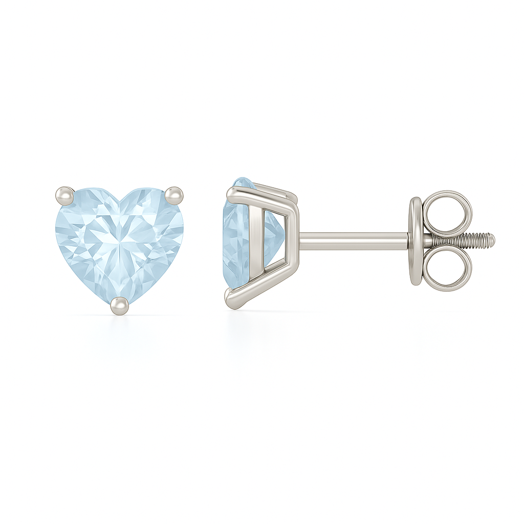Elegant 6mm heart-cut Blue Sapphire stud earrings in white-gold-plated 925 silver, hypoallergenic and safe to wear. Available now at BSI Jewelry.