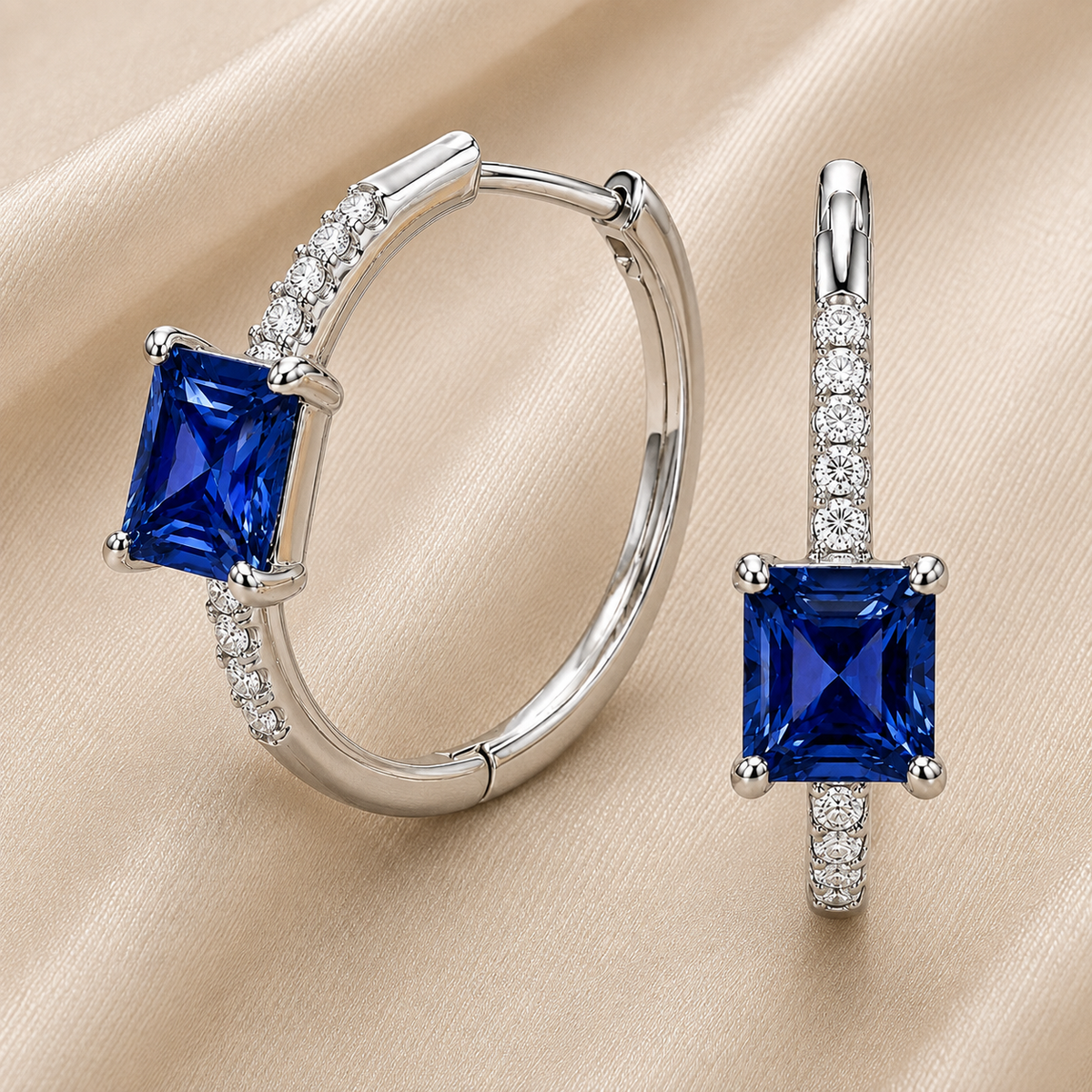 Blue sapphire huggie earrings featuring vibrant 5 mm square blue sapphires and sparkling accents in white gold plated 925 silver. Available now at BSI Jewelry.