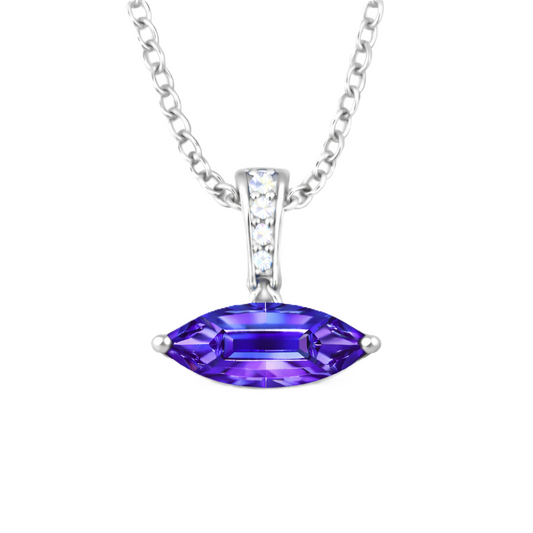 Blue sapphire marquise pendant with an 8×5 mm gemstone in white gold-plated 925 silver with moissanite accents. Elegant and refined. Available now at BSI Jewelry.