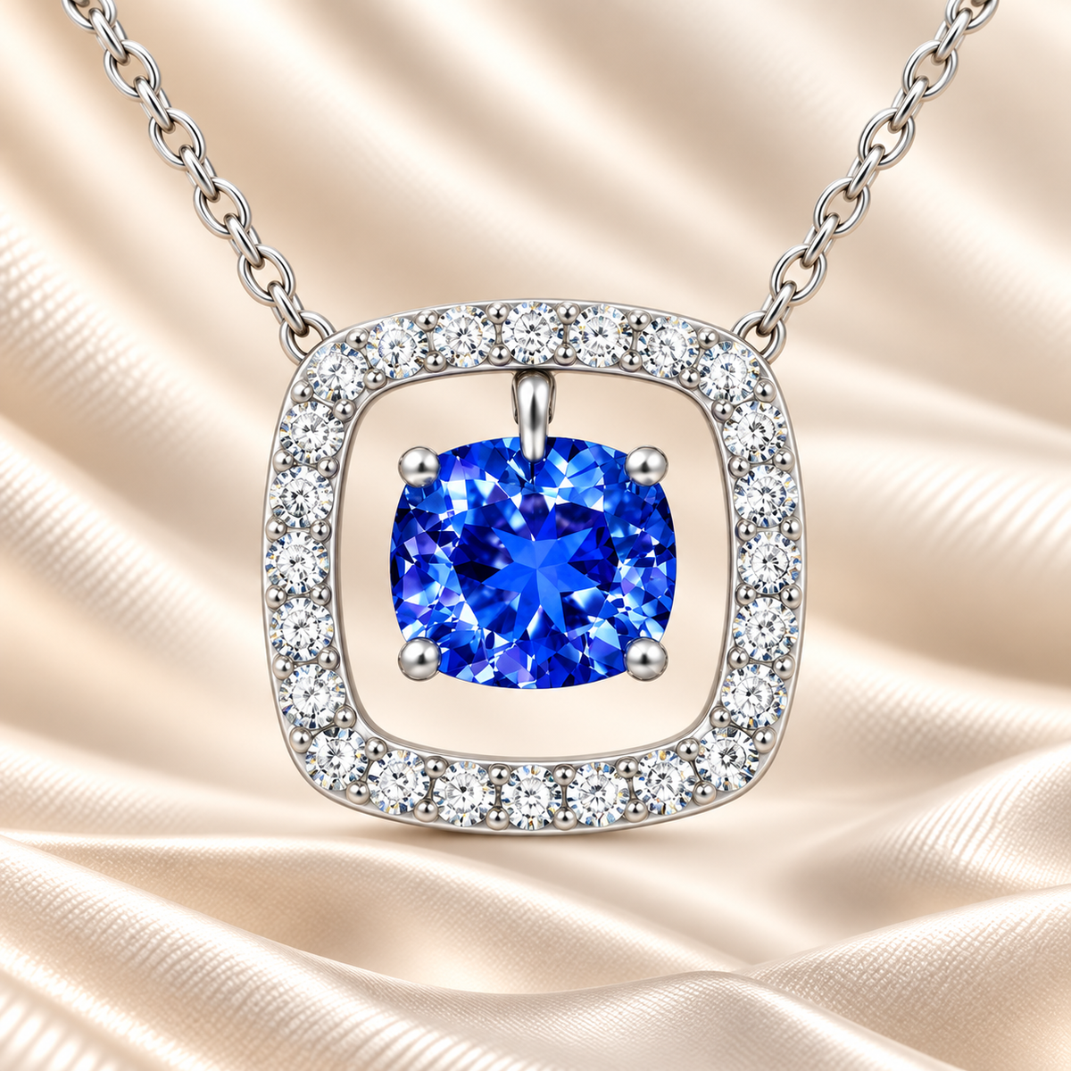 Blue sapphire necklace with a 6 mm cushion cut and moissanite halo, crafted in white gold-plated 925 silver. Elegant and refined. Available now at BSI Jewelry.