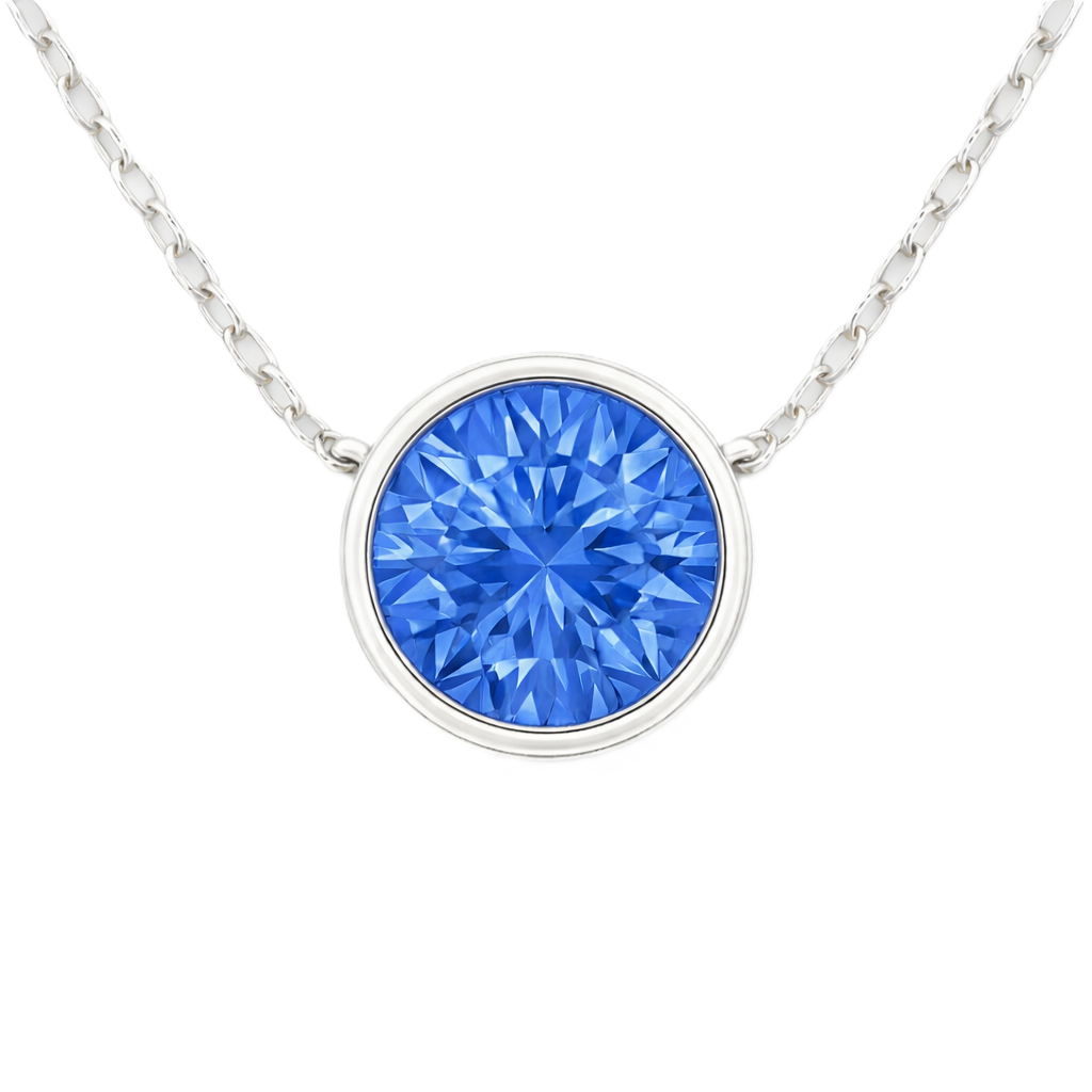Blue sapphire necklace with a 6 mm round in white gold-plated 925 silver. Elegant, hypoallergenic, and refined for daily wear. Available now at BSI Jewelry.
