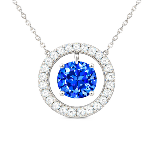 Blue sapphire necklace with a 6 mm round cut in white gold-plated 925 silver and moissanite accents. Elegant for daily wear. Available now at BSI Jewelry.