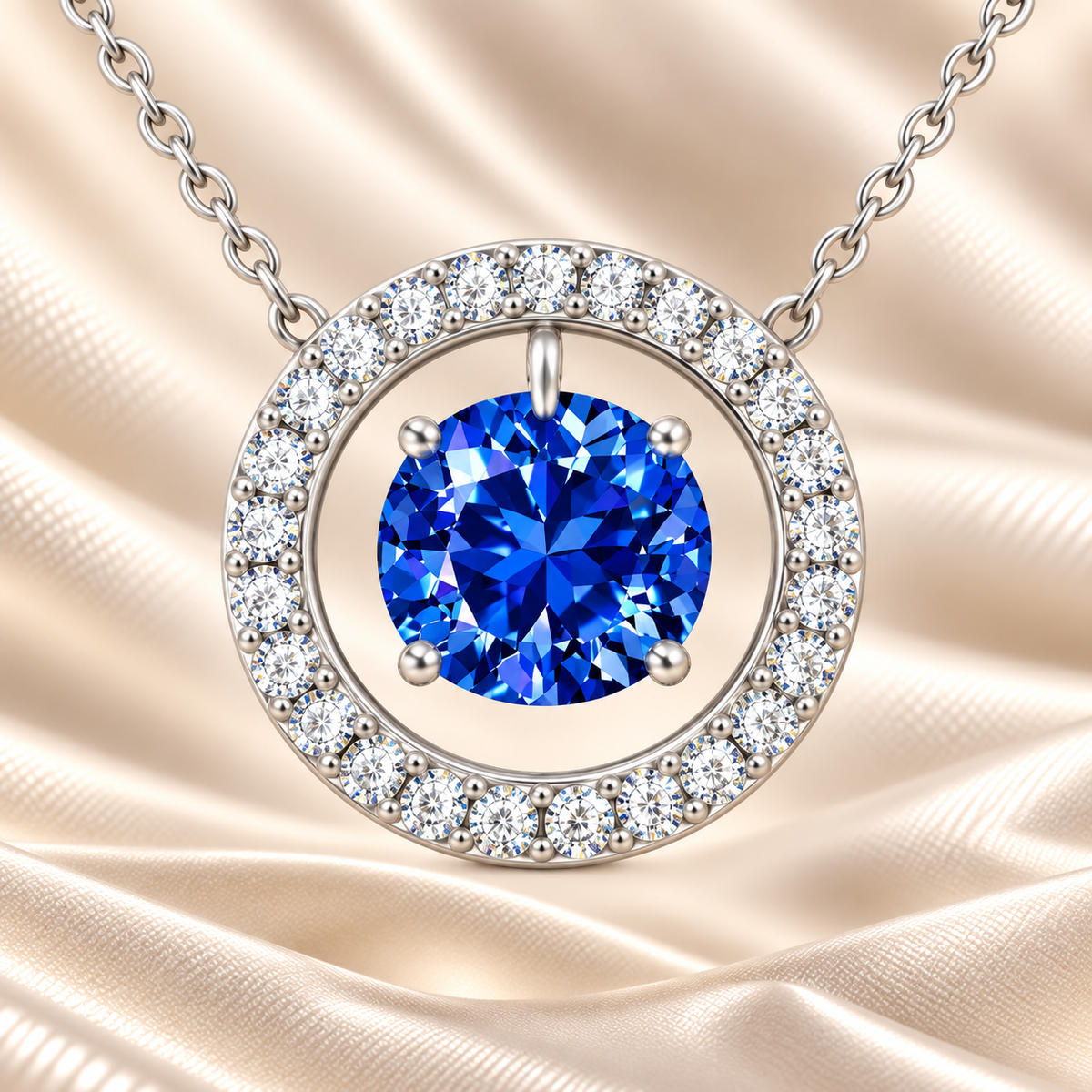Blue sapphire necklace with a 6 mm round cut in white gold-plated 925 silver and moissanite accents. Elegant for daily wear. Available now at BSI Jewelry.