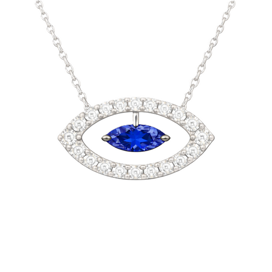 Blue sapphire necklace with a 7×3.5 mm marquise cut in white gold-plated 925 silver and moissanite accents. Elegant for daily wear. Available now at BSI Jewelry.