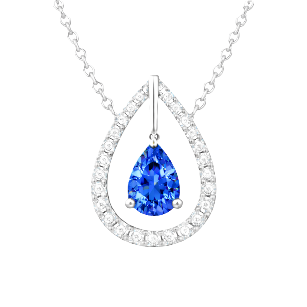 Blue sapphire necklace with a 7×5 mm pear cut and moissanite halo, crafted in white gold-plated 925 silver. Elegant and refined. Available now at BSI Jewelry.