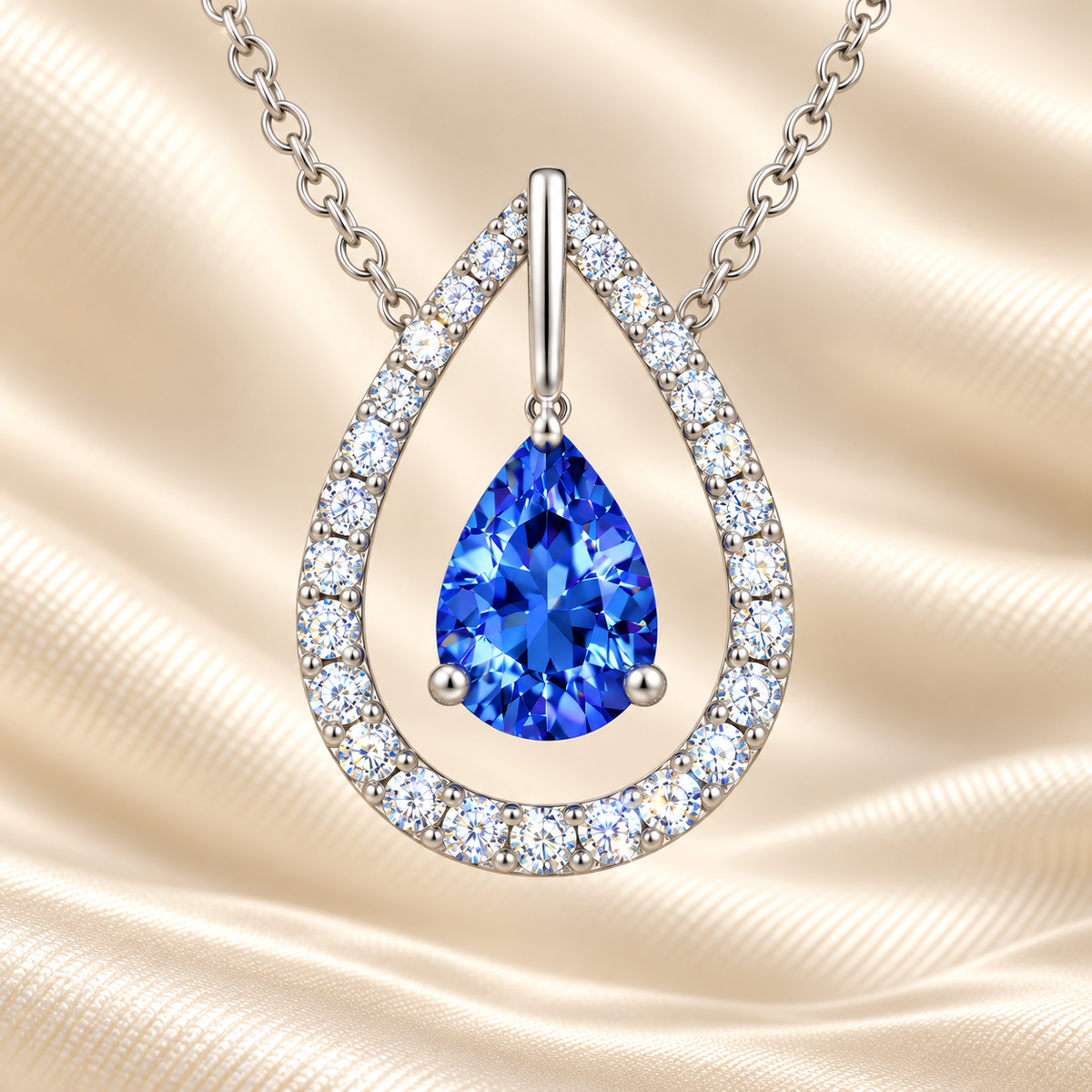 Blue sapphire necklace with a 7×5 mm pear cut and moissanite halo, crafted in white gold-plated 925 silver. Elegant and refined. Available now at BSI Jewelry.
