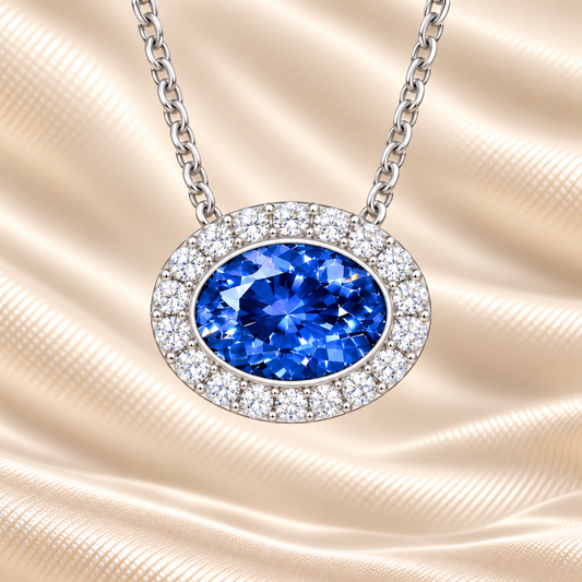 Blue sapphire necklace with a 7×5 mm oval stone in white gold-plated 925 silver, accented with moissanite. Elegant and timeless. Available now at BSI Jewelry.